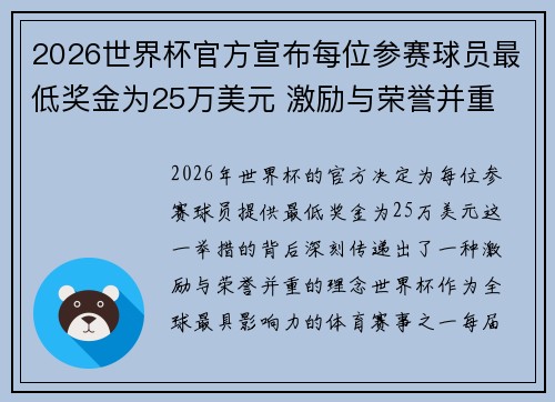 2026世界杯官方宣布每位参赛球员最低奖金为25万美元 激励与荣誉并重